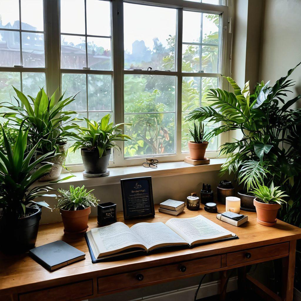 A serene and inviting workspace featuring a cozy reading nook surrounded by lush indoor plants, soft natural light filtering through large windows, and a journal open on a stylish desk with motivational quotes. Include elements of wellness like essential oils and mindfulness books. The atmosphere evokes tranquility and positive energy, ideal for a wellness blog. super-realistic. vibrant colors. soft lighting.