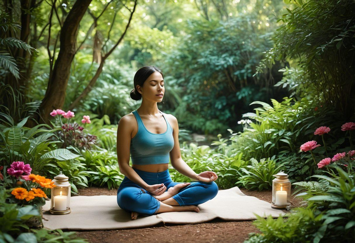 A serene landscape showcasing a person meditating in a lush, natural setting surrounded by vibrant plants and flowers, symbolizing holistic health. Soft sunlight filters through the trees, illuminating a tranquil path lined with wellness items like candles, crystals, and herbal teas, evoking a sense of peace and empowerment. The atmosphere is calming, inviting viewers to explore self-care practices. super-realistic. vibrant colors. 3D.