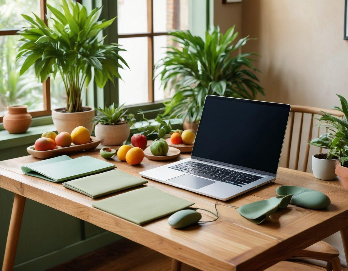 A serene scene displaying a peaceful workspace with lush plants and natural light, featuring a laptop with wellness blogs open, colorful fruits on a wooden table, and a yoga mat rolled nearby. Soft hues of green and earth tones to evoke a sense of calm and health. super-realistic. vibrant colors.